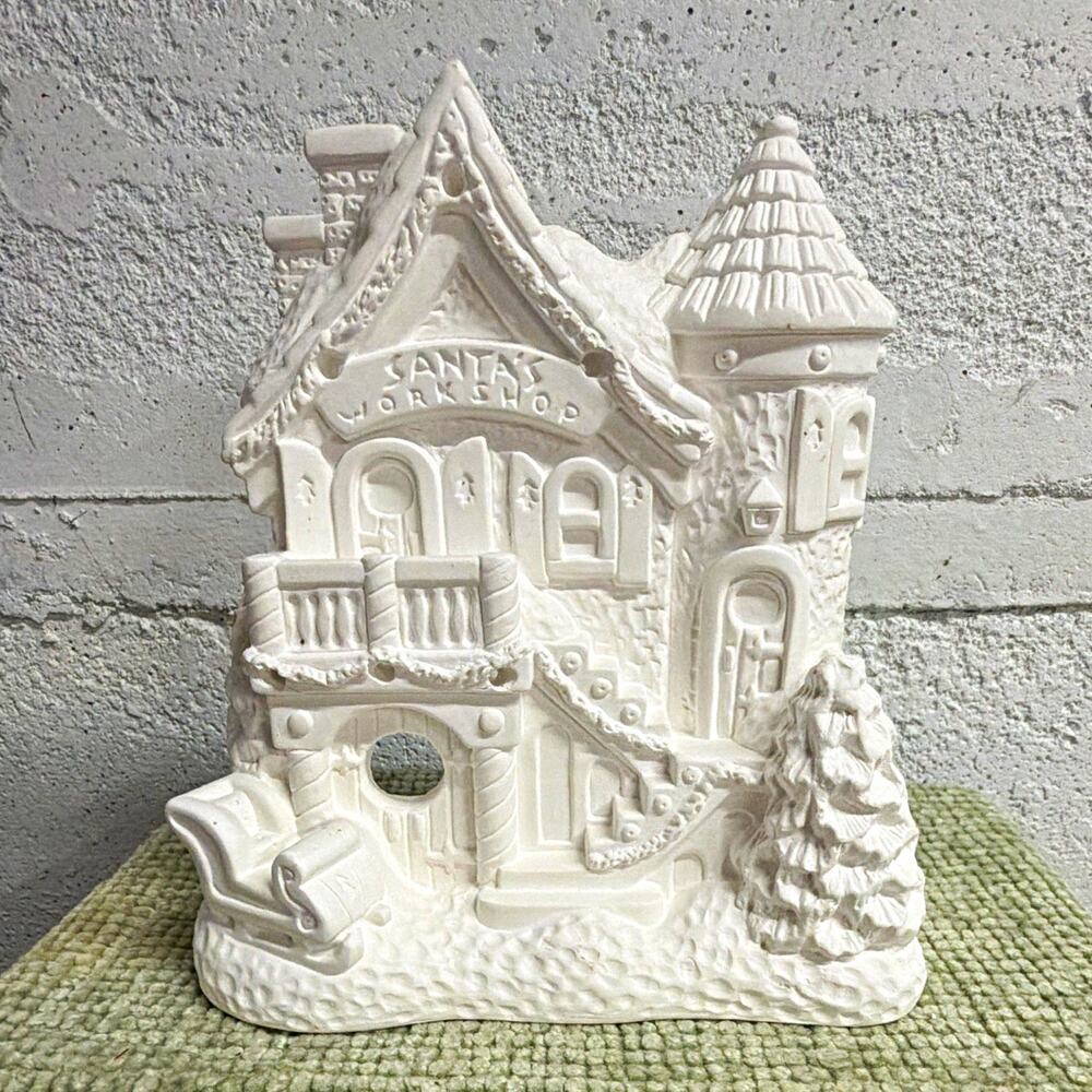 White Ceramic Christmas Village House Santa's Workshop Unpainted 7.5 inch 1pc